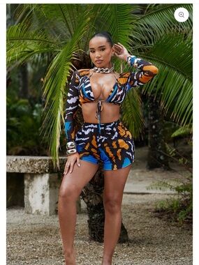 Tropical Wave Long-Sleeve Swim Coverup Set ( bikini not included) - Blue/Orange